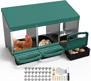 uxcell Chicken Nesting Box, 3 Compartments Metal Chicken Laying Boxes with Roll Out Egg Collection, Plastic Fake Eggs, Install Accessories and Gloves for Hens/Goose/Duck/Rabbit, Green