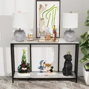 Fin 2 Tiers White Marble Entryway Console Table Narrow Kitchen Counter Open Storage