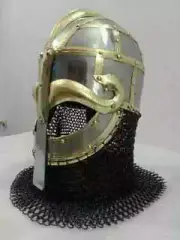 MEDIEVAL HISTORICAL WAR HELMET IN STEEL AND BRASS FINISH WITH CHAINMAIL CURTAIN