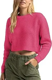 [Jumppmile] Women's Cropped Sweater Knit Long Sleeve Crewneck Soft Pullover Sweater Top