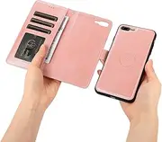 GoshukunTech for iPhone 7 Plus Case,for iPhone 8 Plus Phone Cover [2 in 1 Wallet Leather Case] Detachable Magnetic Flip Cover with Card Slots,Wrist Strap-Pink