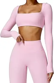 [Generic] Women Crop Top Long Sleeve Padded Sports Low Medium Impact Yoga Shirt Workout