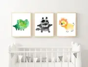 Nursery Wall Art. Set of 3 prints. Crocodile, Lion, Racoon, Watercolour boy art