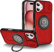 ELEPIK for iPhone 16 Plus Case with Camera Cover, [360° Rotatable Ring Stand] [Slide Camera Lens Cover] Pass 16ft Drop Test Military Grade Heavy Duty Protective Phone Cover, Red