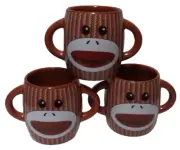 Galerie Sock Monkey Mug Cup Set 3 ceramic micro dish safe brown NEW