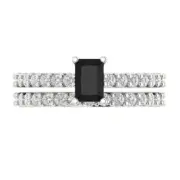 1.41ct Emerald Round Cut Pave Real Onyx Promise Bridal Ring set 14k White Gold