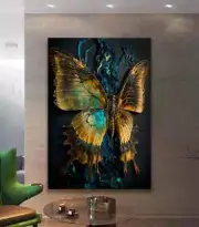 Gold Striped Butterfly Blue 90*120cm Canvas Unframed Print Australian Wall Art