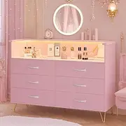 Patikuin - Pink Dresser for Bedroom with LED Light and Power Outlet, 6 Wooden Drawers with 2 Tier Open Space, Modern Wide Double Drawer Dresser for Living Room, Entryway, Hallway