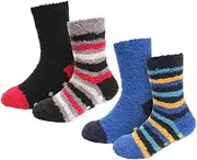 [GM Apparel] Boys Kids Fluffy Slipper Socks – Non-Skid Gripper – Bed Sock – Super Soft Fuzzy – Cosy Thermal – Strips – Pack of 4 Pairs