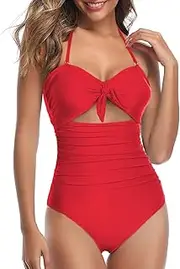[Tempt Me] Women Sexy Cutout One Piece Swimsuits Tummy Control High Waisted Halter Front Tie Knot Bathing Suit