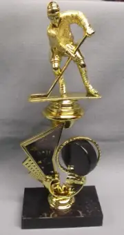 male hockey trophy theme riser spinning puck weighted black base