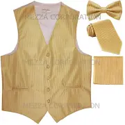 New Men's Tuxedo Vest Vertical Stripes Necktie, Bowtie & Hankie set party Gold