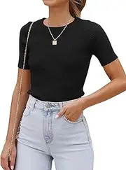 [Cuptacc] T-Shirt Women's Short Sleeve Crew Neck Slim Fit Knitted Plain Tops Summer Basic Shirts