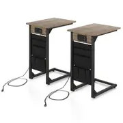 Giantex 2x C Shaped End Table Sofa Side Table w/Charging Station Metal Frame Bedside Storage Table Rustic Brown