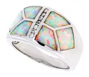 Women Sterling Silver Rhodium Plated, Opal Inlay Dome Band CZ stone Accents 12mm
