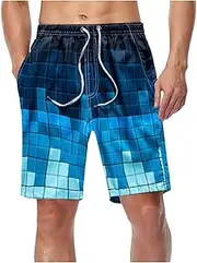 [Generic] Men's Swim Trunks Plaid Print Plus Size Hawaiian Bathing Mesh Lining Suit Drawstring Quick Dry Board Shorts