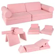 Costway 8PCS Suede Play Couch Foam Building Fort Play Set Convertible Sectional Floor Sofa Bed DIY Playset