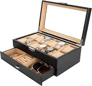 12-Slot Watch Box for Men, Carbon Fiber Leather Watch Case Display with Drawers, 2 Layers Multifunctional Jewelry Storage Holder with Glass Lid Clear Top by Calife (PU Light Brown)