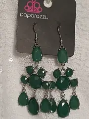 Paparazzi Green Chandelier Earrings Silver Metal