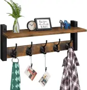 Wood Coat Rack with Wall-Mounted Shelf, Entryway Hanging Shelf with 5 Metal Hoo