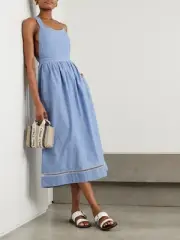 Chlóe Chambray Cross-Back Ladder Lace Midi Dress NWT