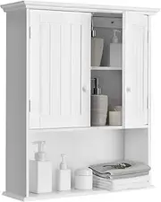 Bathroom Wall Cabinet, Wall Mounted Wooden Kitchen Cupboard Storage Cabinet, w/2 Doors & 2-Tier Adjustable Shelves, Home Office Storage Organizer for Bathroom & Kitchen & Laundry, White/Grey, 60CM (White)
