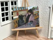 Miniature Dollhouse Room Box Art Cafe Woman with Poodle Portrait Handmade