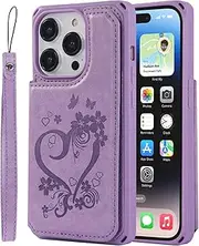 Cavor for iPhone 14 Pro Wallet Case PU Leather TPU Back Cover Flip Magnetic Clasp Heart Flower Butterfly Shockproof Cases Lanyard Card Slots Holder Kickstand-Heart Flower Purple