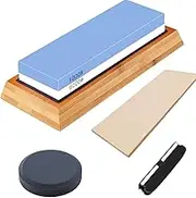 Knife Sharpening Stone Set Multi-Purpose Knife Sharpener Dual Side Grit 1000/6000 Axe Sharpener Tool Leather Strop Waterstone Knife Sharpener with Nonslip Bamboo Base Angle Guide