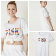 NWT Victorias Secret PINK Ringer Short Sleeve Tee Rainbow Logo L