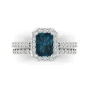 2.2ct Emerald Halo London Blue Topaz Promise Bridal Ring Band set 14k White Gold