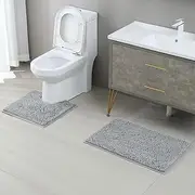 Bath Mat Set, 2 Pcs Non-Slip Microfiber Shag Bathroom Rug Mat, Chenille Non-Slip Back Bathroom Mat, U Shape Toilet Rug Fleece Softness, Bathroom Carpet, Super Soft Microfiber Bath Rug (Gray)