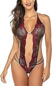 [DGKaxiyaHM] Women Open Back Deep V Halter Lingerie Hollow Backless Babydoll Bodysuit One Piece Teddy Cutout Floral Chemise