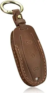 HIBEYO New Luxury Genuine Leather Car Key Fob Case Cover for Tesla Model X Model S Model 3 with Keychain Smart Key Shell Holder Accessories 3 Button-Brown