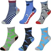[Thingimijigs] Boys Shark and Dinosaur Patterned Bamboo Multicoloured Ankle Socks - 6 Pairs