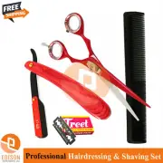 Professional Barber Hair Cutting Scissors Red Razor Blade Hairdressing Comb