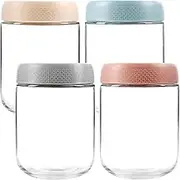 16 Oz/480ml Glass Jars with Lids, 4 Pack Overnight Oats Container Jar, Small Glass Container for Overnight Oats, Canisters Set for Snacks, Cereal, Fruit, Salad, Sugar, Tea