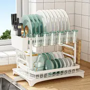 2-layer Drain Drying Rack Kitchen Dish Bowl Plate Cup Board Holder Dry Organiser White