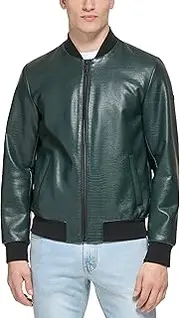 [DKNY] Men's Faux Leather Varsity Bomber Jacket