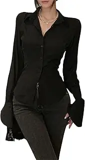 [Generic] Women Tops Long Sleeve Blouses Lace Up Chic Button Up Shirt Office Lady Slim White Shirt