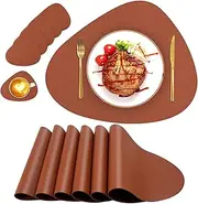 Faux Leather Fall Placemats Set of 6 Wipeable Washable Place Mats for Round Table Table Mats for Kitchen Dining Patio, Heat Resistant Easy to Clean Oval Brown Placemat