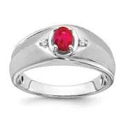 Solid 14k White Gold Oval Simulated Ruby and CZ Mens Ring