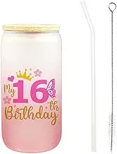 Bliceon 16 Year Old Girl Gift, 16th Birthday Gifts for Girls, 16th Pink Glass Cup, Iced Coffee Glass Cups with Lids and Straws, 16 oz Birthday Mug Aesthetic Cups for Girls, for Her, Sister, Friends