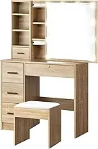 OIKITURE Vanity Table with 10 Light Bulbs Sliding Mirror - Makeup Dressing Table Adjustable 3 Colours & 10 Brightness, with Drawers Open Shelves Cushioned Stool, for Bedroom Studio, Wooden Colour