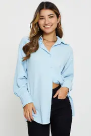 Blue Button Front Shirts Long Sleeve - Size L, Women's Shirt
