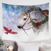 Snowy Christmas with Red Bird and White Horse Tapestry