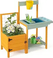 HONEY JOY Kids Outdoor Potting Bench w/See-Through Window, Planter Box and Garden Trellis, Kids Mud Outdoor Gardening Center Playset w/Real Faucet, Water Can, Built-in Sink, Rake and 2 Trowels