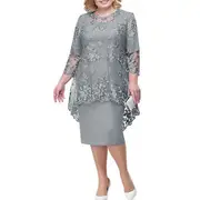 Elegant Dress O-neck Comfy Plus Size Beautiful 3/4 Sleeve Lace Evening Female Clothing grey M