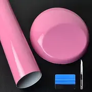 LZLRUN High Gloss Vinyl Realistic Paint Wrap Roll Car Sticker Film Decal Bubble Free Come with Installation Tool Set (Pink, 1ft x 5ft)