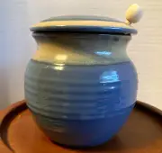 BUMBLEWEED POTTERY HONEY POT WITH DIPPER AND LID-BLUE AND CREAM- NEW RARE